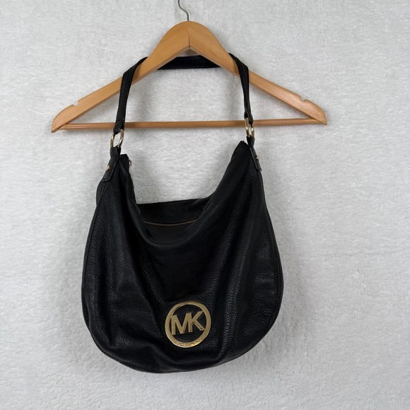 Michael Kors Fulton Black Leather Hobo Shoulder Bag Gold MK Logo - Picture 2 of 16
